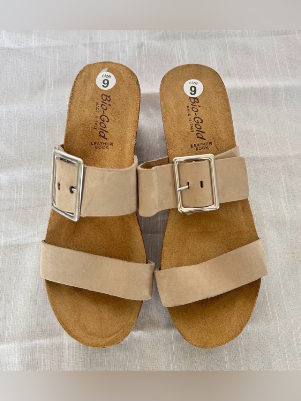 Bio-Gold Italian Leather Double Strap Buckle Cork Wedge Sandal — Tan/Beige, 9